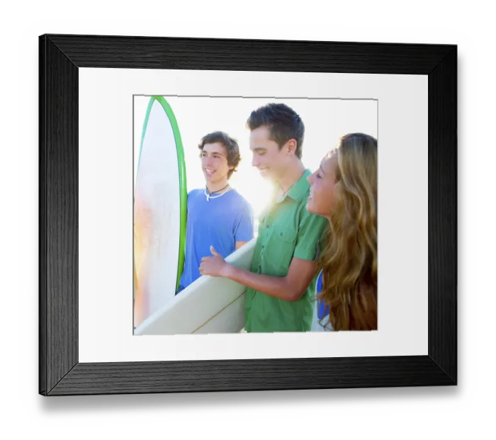 Framed Print : Teenager surfers group happy in beach shore high key