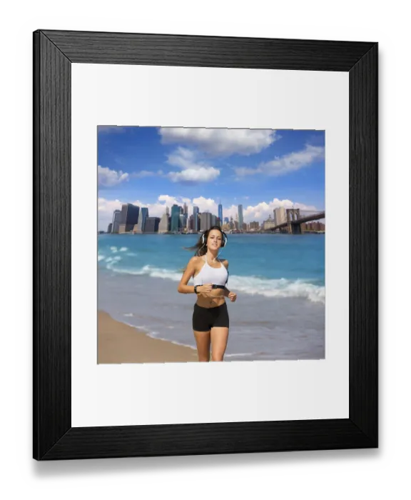 Framed Print : Brunette girl running in New York Brooklyn bridge photo mount Framed Print : Brunette girl running in New York Brooklyn bridge photo mount