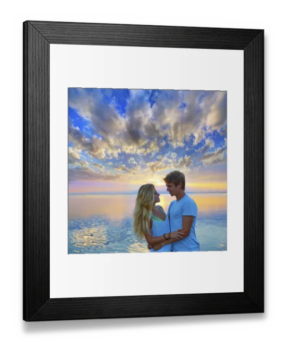 Framed Print : Blond young couple hug in sunset sea lake happy together