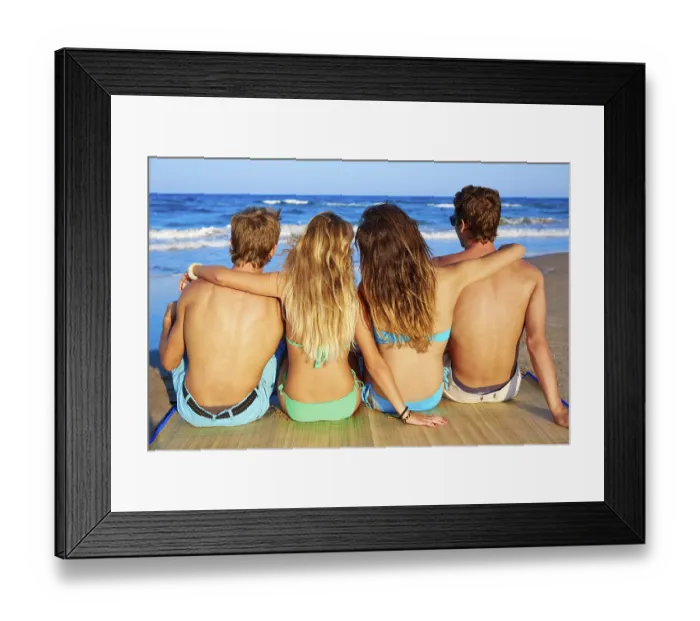 Framed Print : Friends group couples sitting in beach sand rear view back looking to the sea