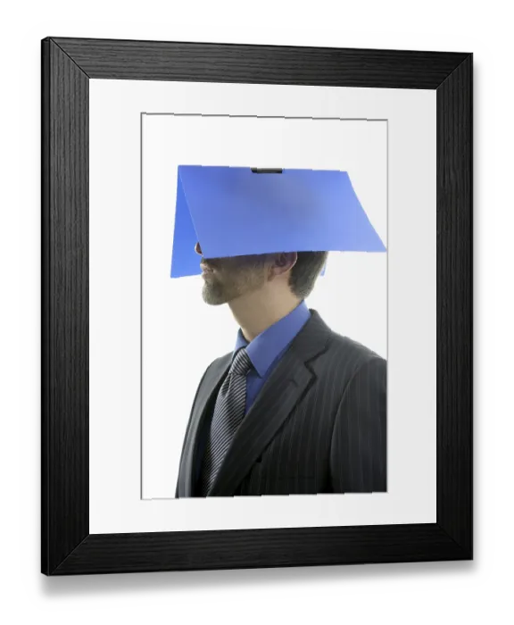 Framed Print : Businessman and blue folder over head Framed Print : Businessman and blue folder over head