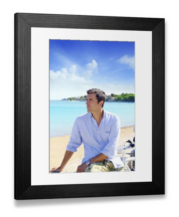 Framed Print : Beach vacation man looking the sea blue shirt bicycle Framed Print : Beach vacation man looking the sea blue shirt bicycle