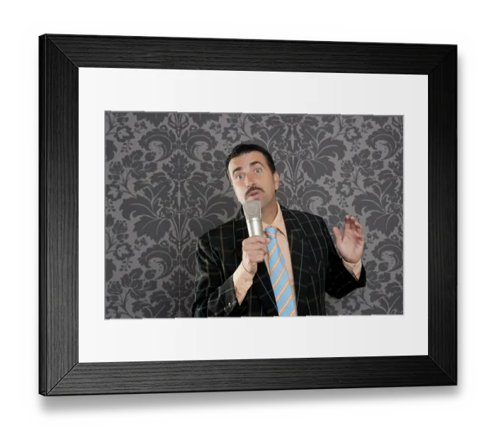 Framed Print : Retro mustache singer man tacky suit on vintage wallpaper background