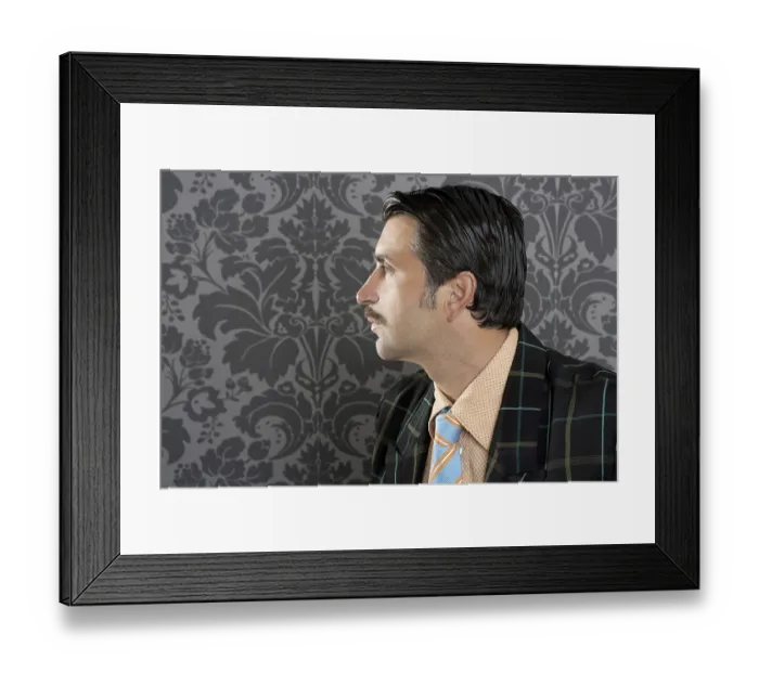 Framed Print : Nerd retro vintage businessman profile portrait mustache wallpaper background