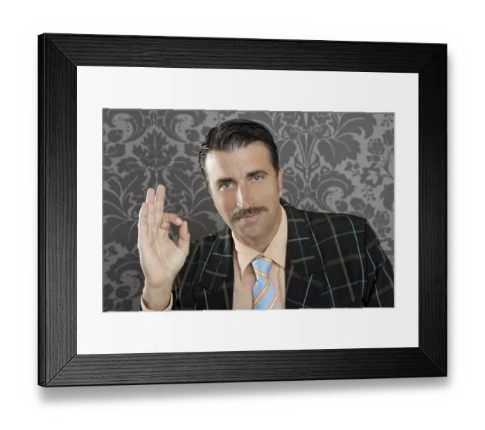 Framed Print : Nerd retro man businessman ok positive hand gesture wallpaper background