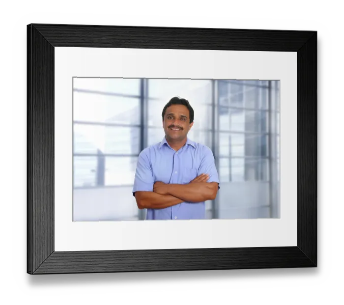 Framed Print : Indian latin businessman blue shirt in modern office background