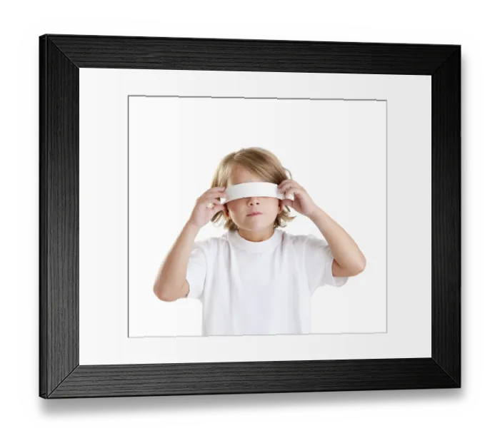 Framed Print : Blindfolded children blond kid portrait isolated on white Framed Print : Blindfolded children blond kid portrait isolated on white