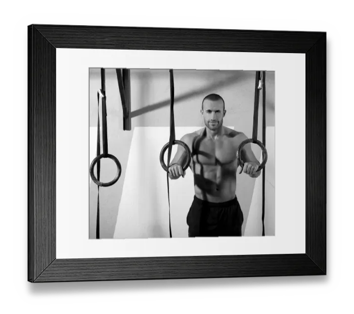 Framed Print : Crossfit dip ring man relaxed after workout at gym dipping exercise