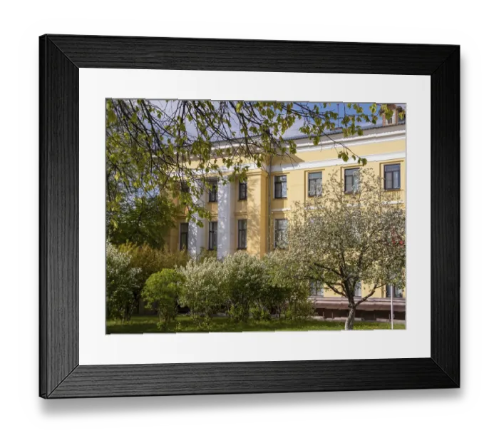 Framed Print : Yellow administrative building on a sunny day among flowering trees
