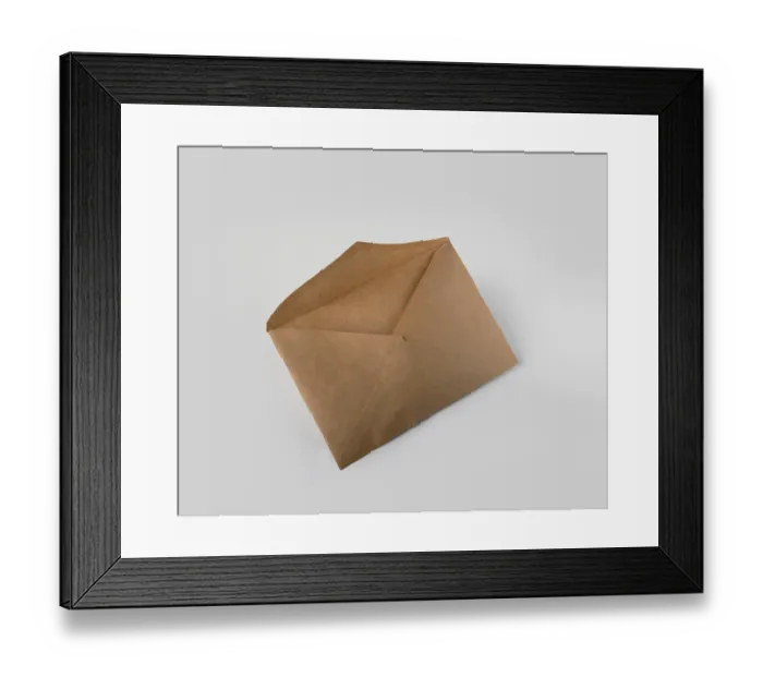 Framed Print : One kraft envelope on white background