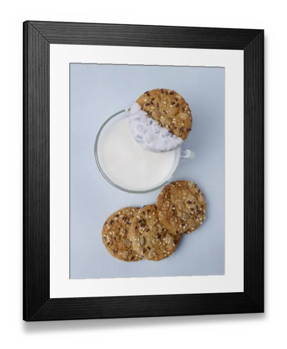 Framed Print : Oatmeal cookies and cup of yogurt, selective focus