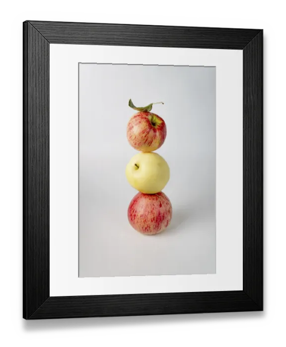 Framed Print : A balance of red and yellow apples on white
