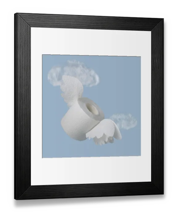 Framed Print : A roll of white toilet paper with wings on a background of cotton wool clouds Framed Print : A roll of white toilet paper with wings on a background of cotton wool clouds