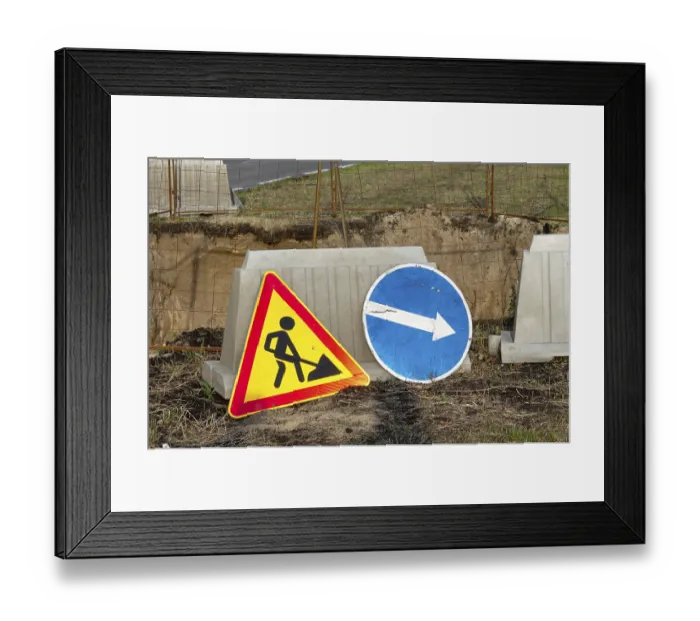 Framed Print : Road signs - repair work, road detour