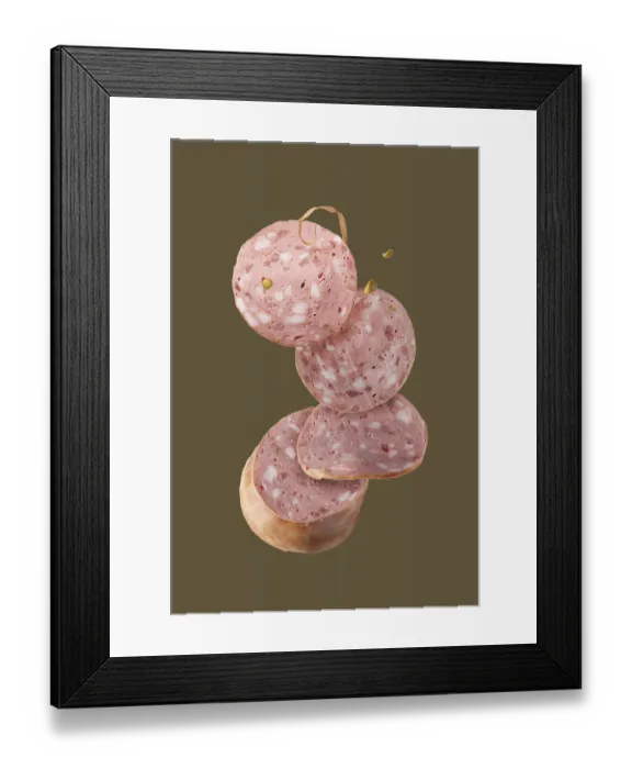 Framed Print : Veal sausage on a green background