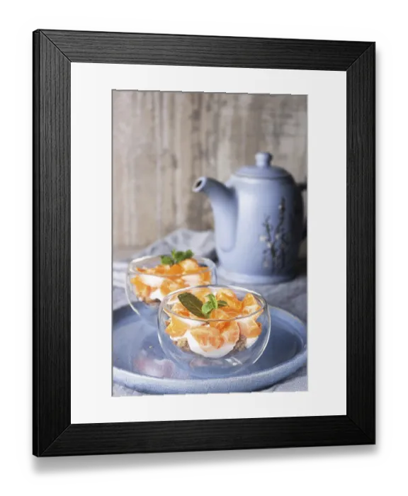 Framed Print : Yogurt with oatmeal cookies and tangerine slices in glass cups