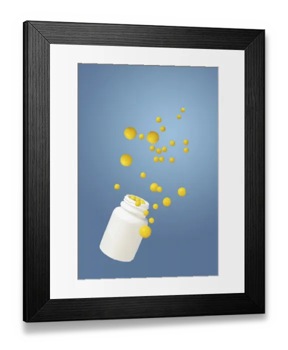 Framed Print : Round yellow vitamins and a white bottle are flying on a blue background