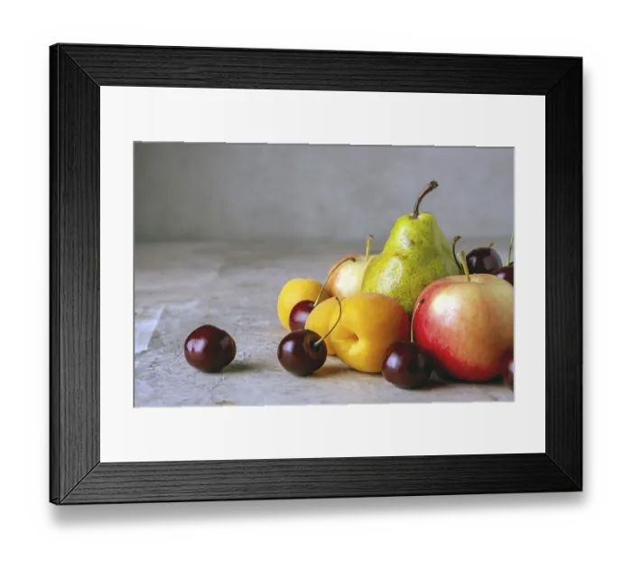 Framed Print : Ripe fruits on a beige background