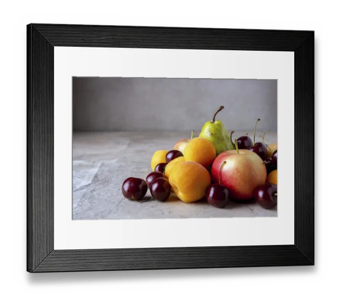 Framed Print : Ripe fruits on a beige background