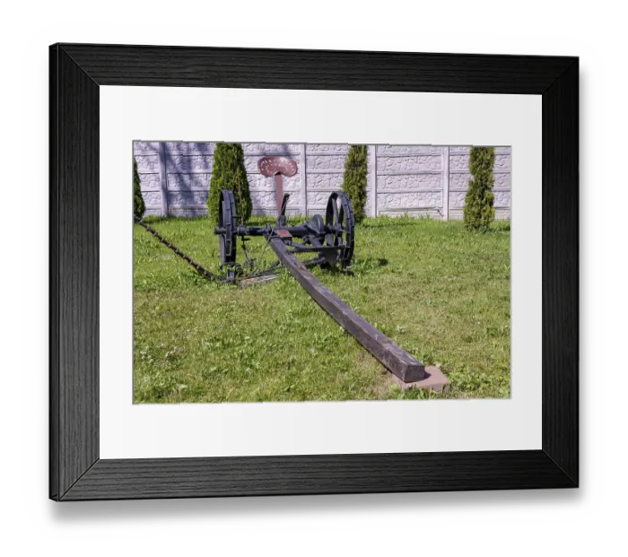 Framed Print : Horse-drawn mower on green grass