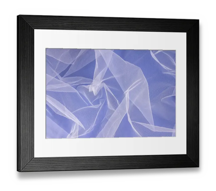 Framed Print : Sheer tulle fabric arranged in soft folds on a blue background