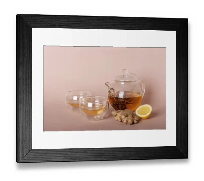 Framed Print : Green tea in a teapot, ginger root