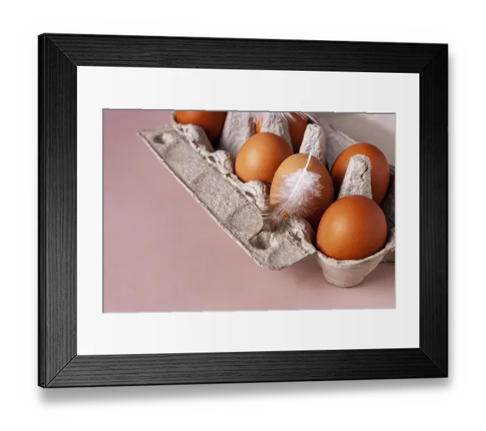 Framed Print : Chicken eggs and feathers lie in a cardboard box on a beige background with copy space