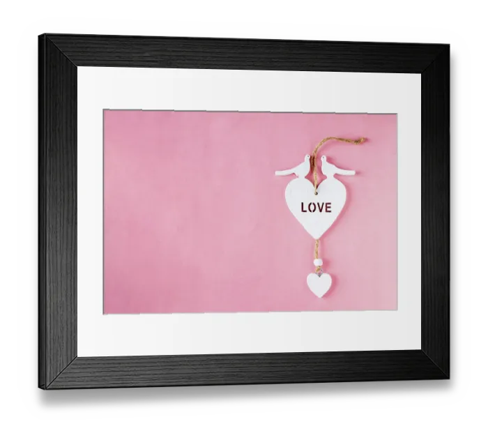 Framed Print : Wooden heart on pink background, copy space