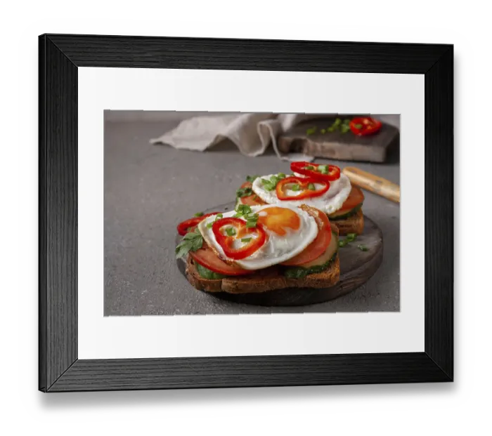 Framed Print : Sandwiches with egg and vegetables on a wooden board on a gray background