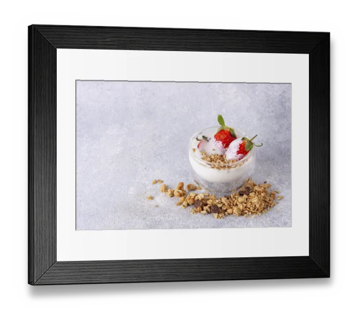 Framed Print : Yogurt with granola and strawberries, copy space Framed Print : Yogurt with granola and strawberries, copy space