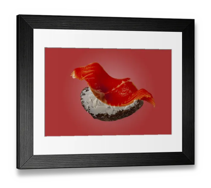 Framed Print : Flying sandwich with salted trout and cheese on red background Framed Print : Flying sandwich with salted trout and cheese on red background