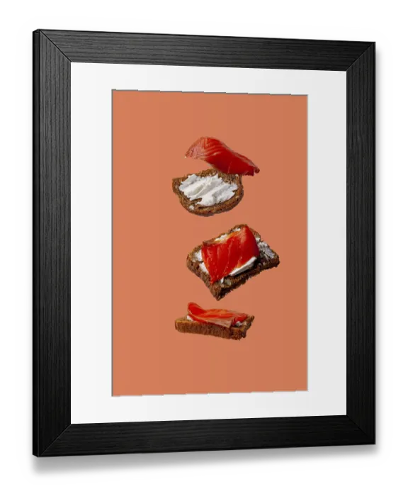 Framed Print : Sandwiches with cheese and salted trout flying food on pink background