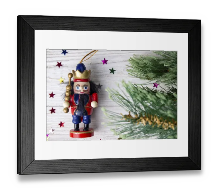 Framed Print : Christmas toys on white wooden background