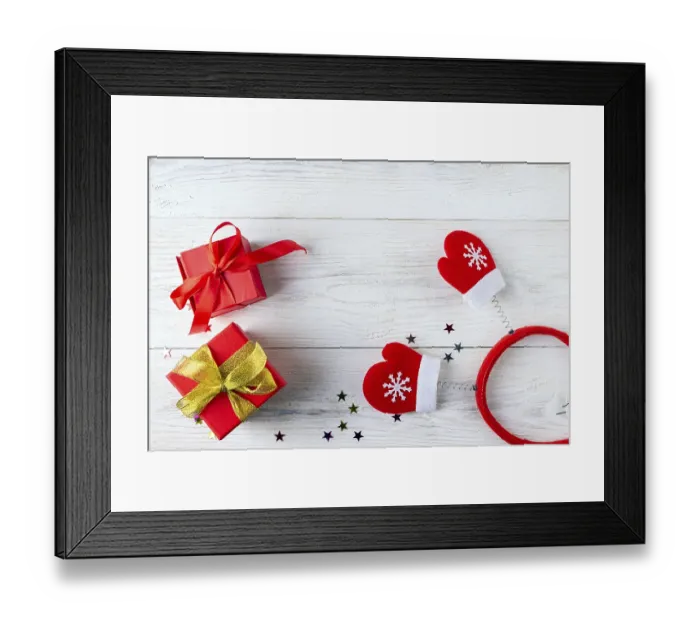 Framed Print : Gift boxes on wooden background place for text