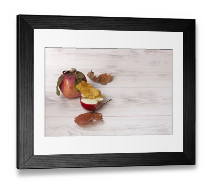 Framed Print : Apples and autumn leaves on white wooden background Framed Print : Apples and autumn leaves on white wooden background