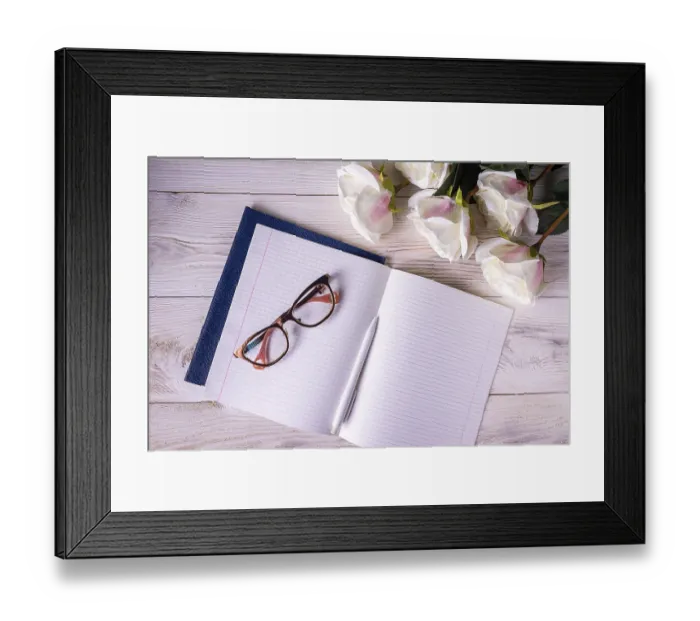 Framed Print : Open notebook, glasses, roses Framed Print : Open notebook, glasses, roses