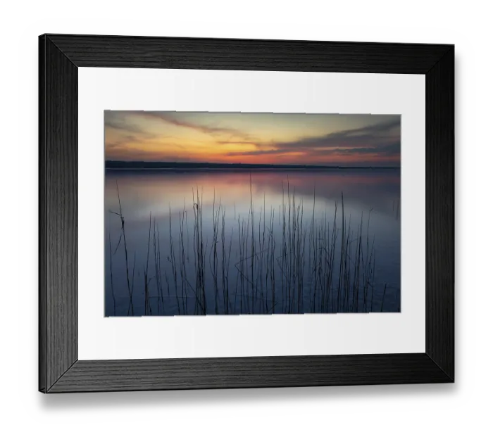 Framed Print : Calm evening mood at the lake with reeds in the foreground and colourful sunset