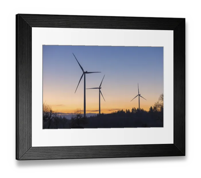 Framed Print : Three wind turbines in front of a vivid sunset Framed Print : Three wind turbines in front of a vivid sunset