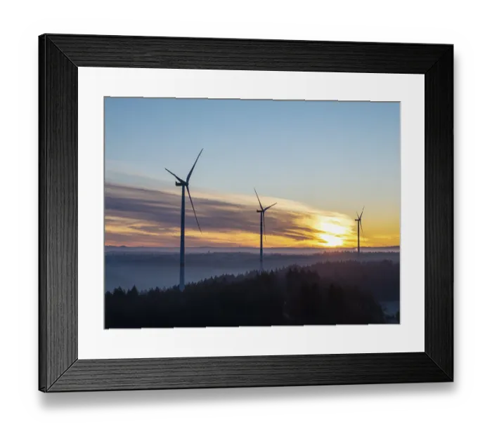 Framed Print : Three wind turbines in front of a foggy Framed Print : Three wind turbines in front of a foggy