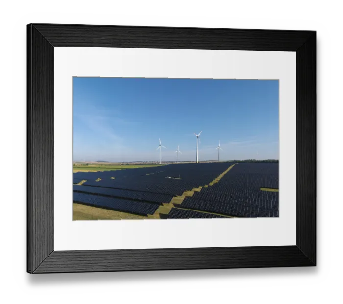 Framed Print : Renewable energy stations with solar panels and wind turbines in an open area Framed Print : Renewable energy stations with solar panels and wind turbines in an open area