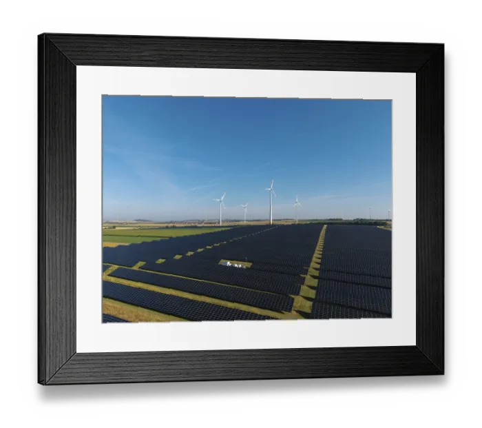 Framed Print : Extensive solar panels with wind turbines in sunny surroundings