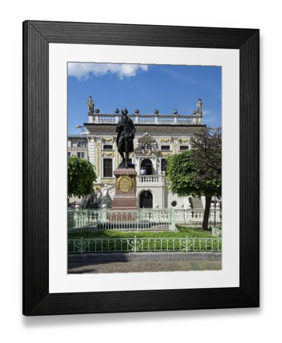 Framed Print : Baroque Old Trade Exchange, bronze statue of Goethe by Carl Seffner