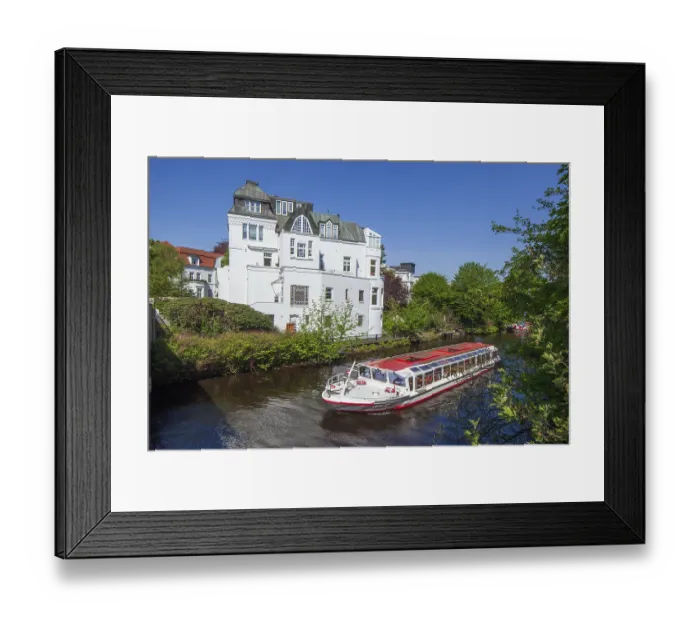 Framed Print : Alster steamer and noble residential building on the Lange Zug in spring