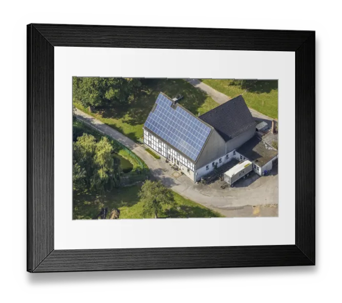 Framed Print : Aerial view, half-timbered house with solar roof in Oberhulsenbecke in the district Ruggeberg in Ennepetal