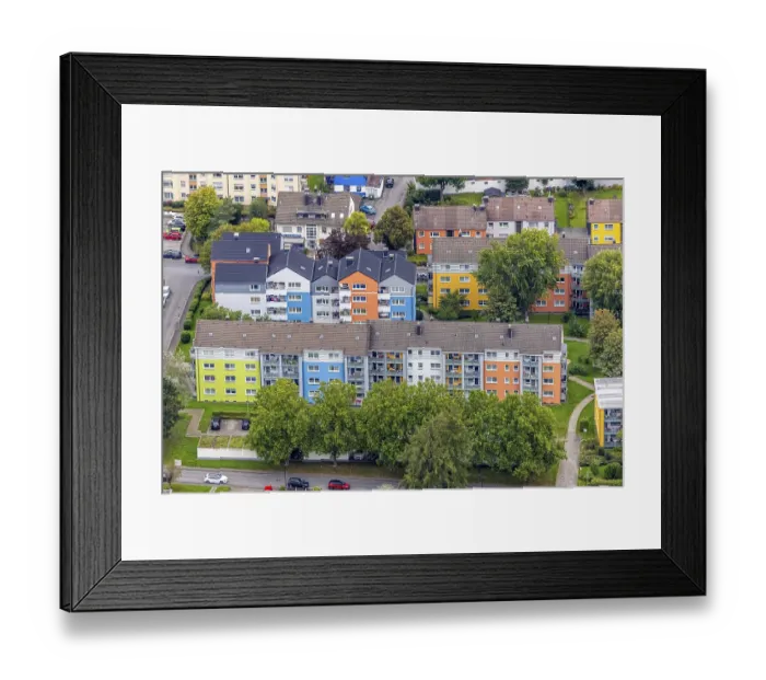 Framed Print : Aerial view, colourful house facades of the GWG housing estate on the street Am Quambusch in the Haspe-West district of Framed Print : Aerial view, colourful house facades of the GWG housing estate on the street Am Quambusch in the Haspe-West district of