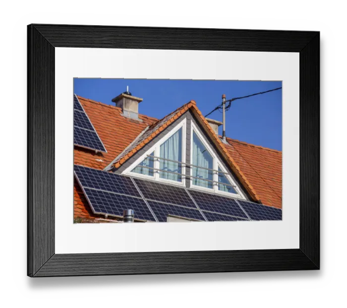 Framed Print : Tiled roof with dormer and photovoltaic system Framed Print : Tiled roof with dormer and photovoltaic system