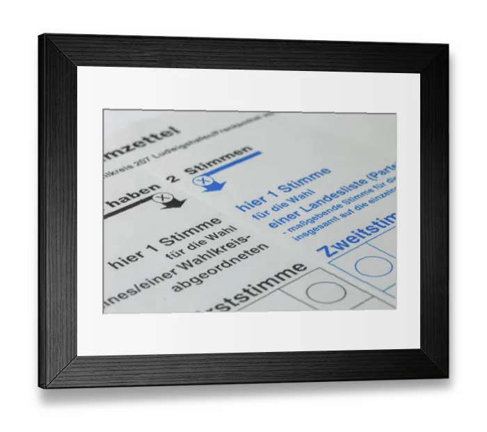 Framed Print : Symbol image of the Bundestag election Germany : Close-up of a ballot paper