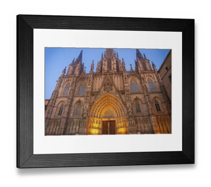 Framed Print : Warm lights illuminating the ornate facade of barcelona cathedral in the gothic quarter at dusk