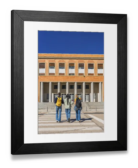Framed Print : Vertical photo full length with copy space of three multi-ethnic students walking on pedestrian crossing to Framed Print : Vertical photo full length with copy space of three multi-ethnic students walking on pedestrian crossing to