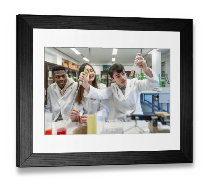 Framed Print : Young chemistry students wearing lab coats performing experiment using test tubes and other laboratory equipment Framed Print : Young chemistry students wearing lab coats performing experiment using test tubes and other laboratory equipment